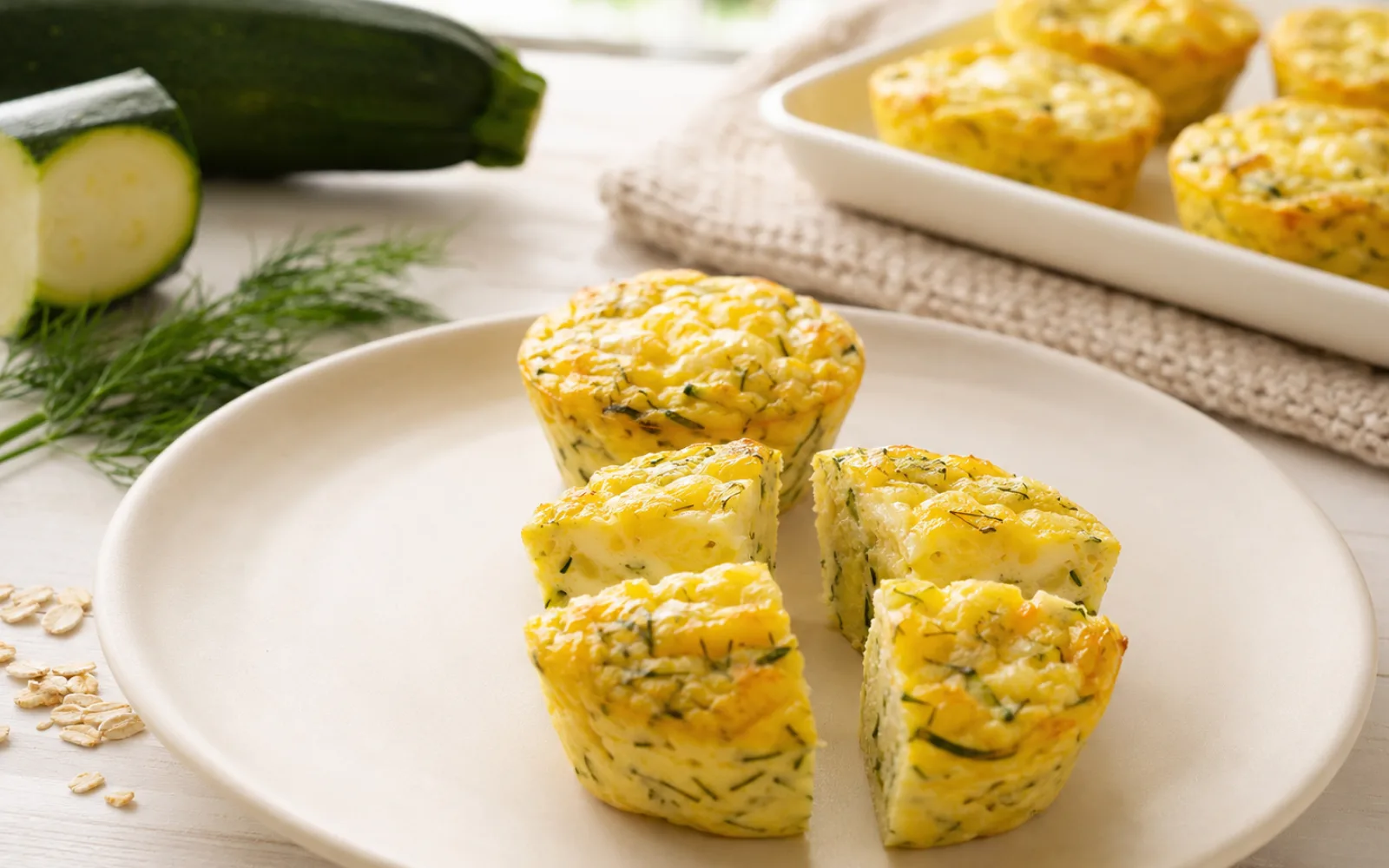 Miękkie muffinki jajeczne z cukinią pokrojone na ćwiartki
