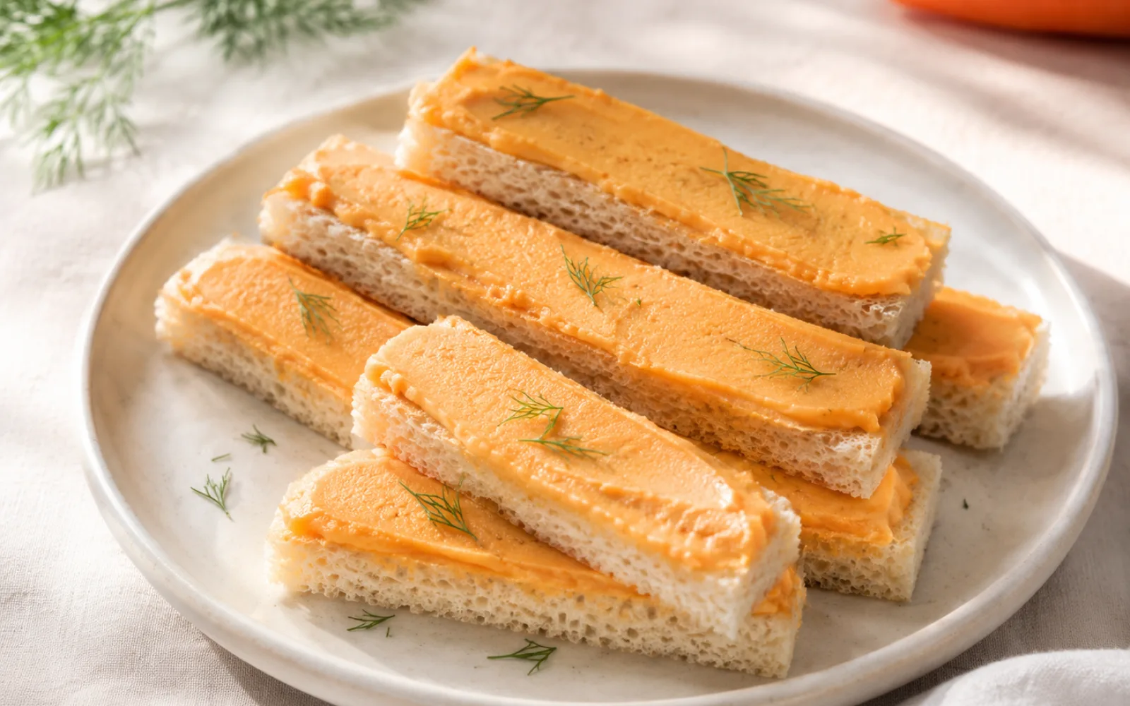 Gładka pasta z białej fasoli i marchewki na miękkich paskach pieczywa