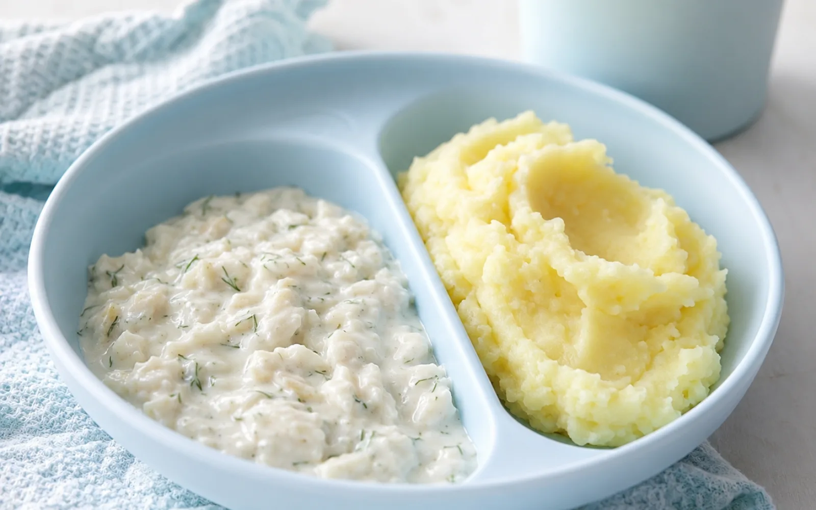 Delikatny dorsz w sosie jogurtowo-koperkowym z gładkim purée