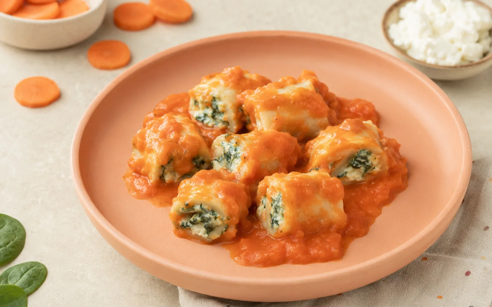 Miękkie roladki lasagne ze szpinakiem i ricottą pokrojone na kawałki