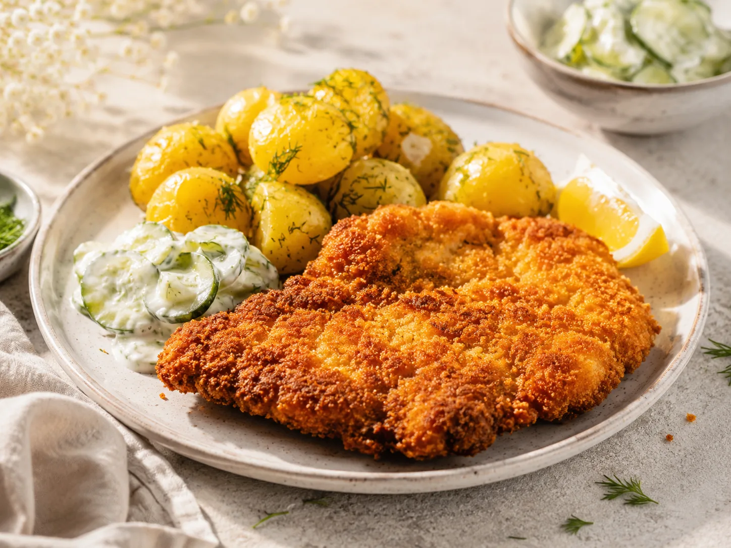 Kotlet schabowy z ziemniakami i mizerią — gotowe danie podane do serwowania