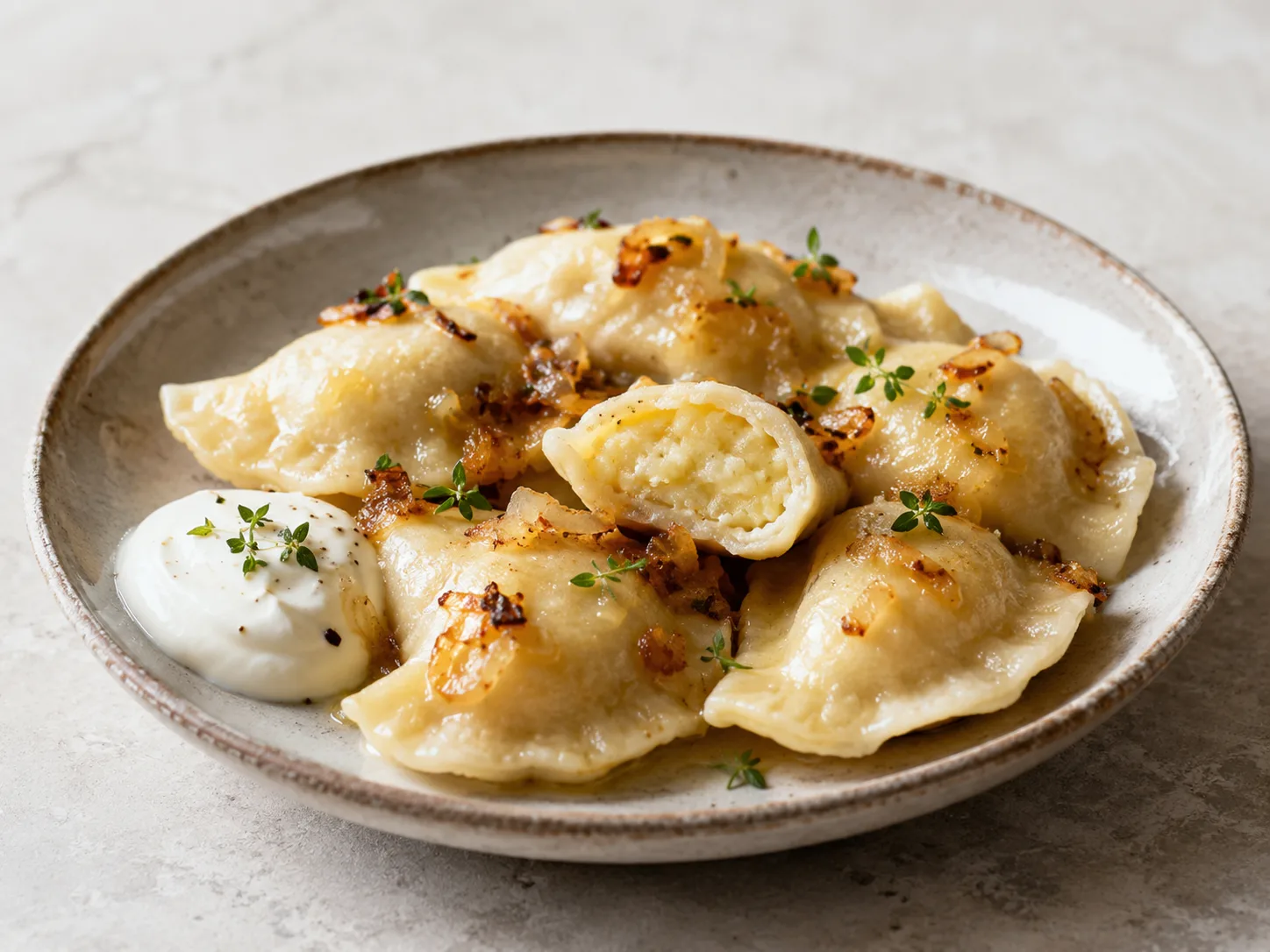Pierogi ruskie z ziemniakami i twarogiem — gotowe danie podane do serwowania